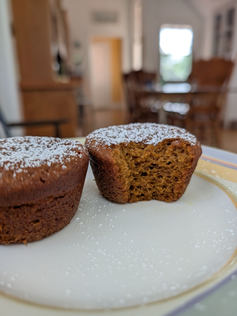 powder sugar dusted sweet potato pudding cakes